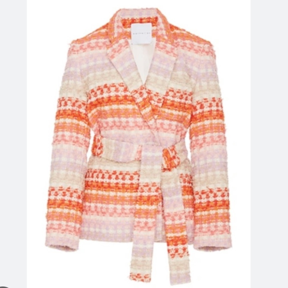 Markarian Rainbow Belted Tweed‎ Blazer Jacket - Orange Pink Cream Striped